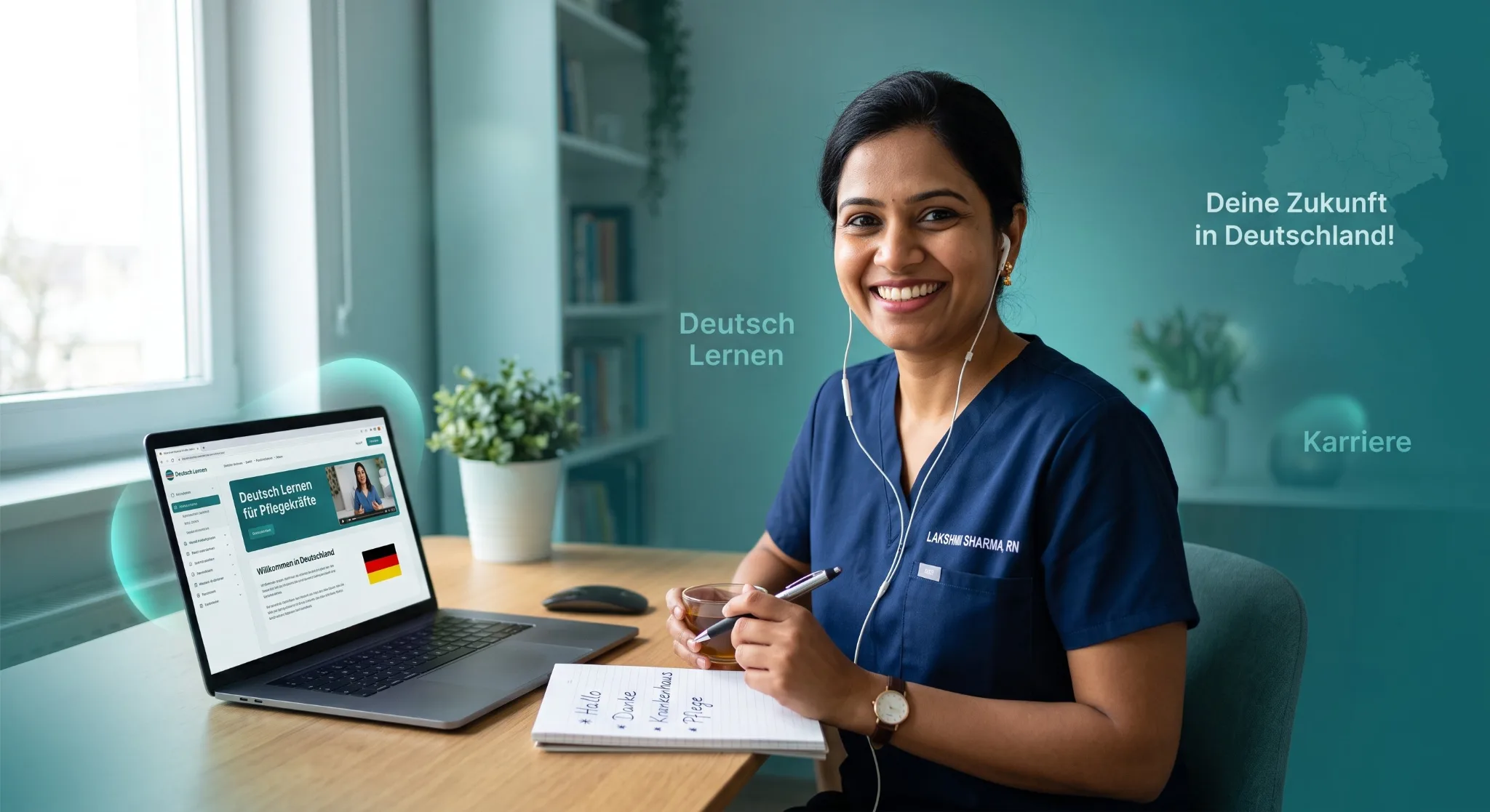 Indian nurse learning German online with laptop and notes