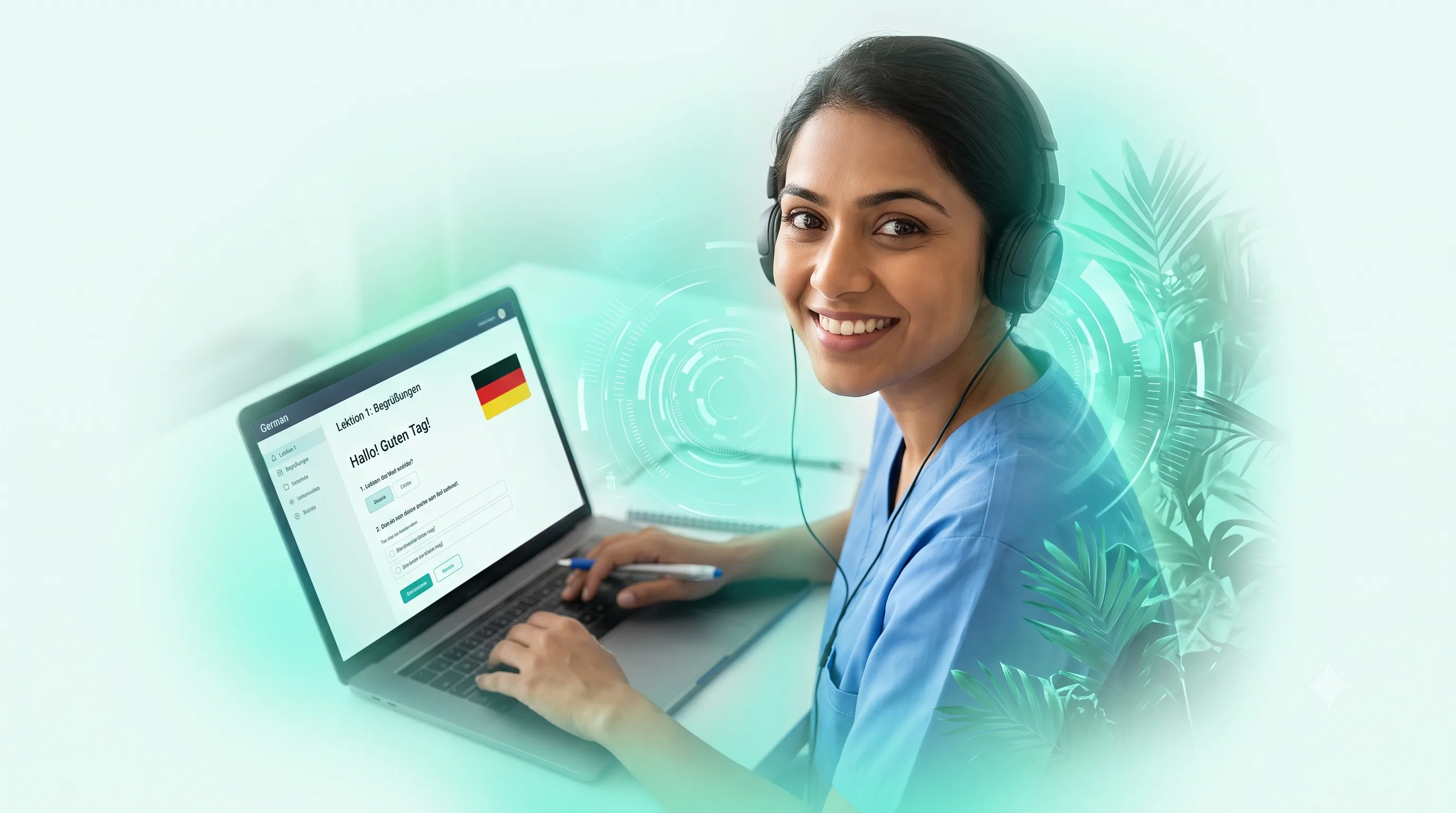 Nurse in scrubs learning German online with headphones and laptop
