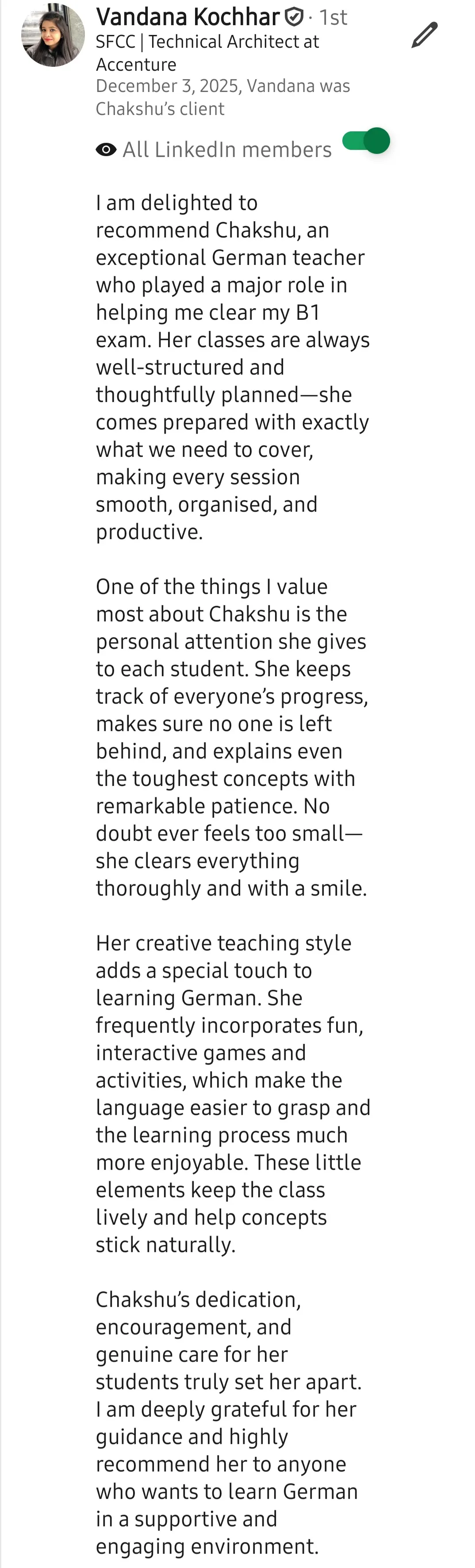 Screenshot of a LinkedIn recommendation for Lingopundit