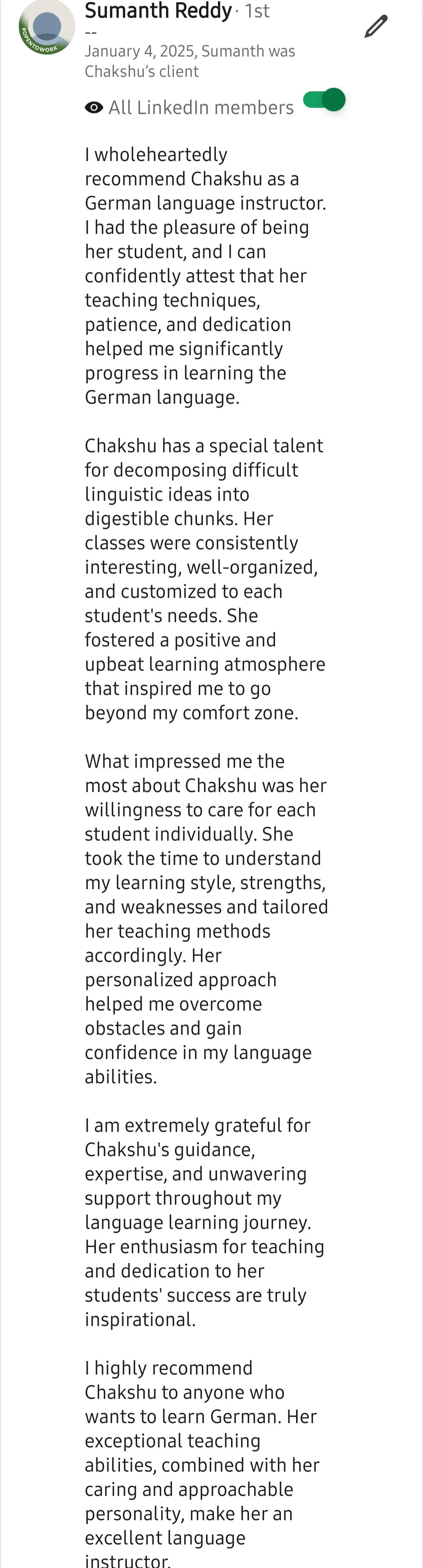 Screenshot of a LinkedIn recommendation for Lingopundit