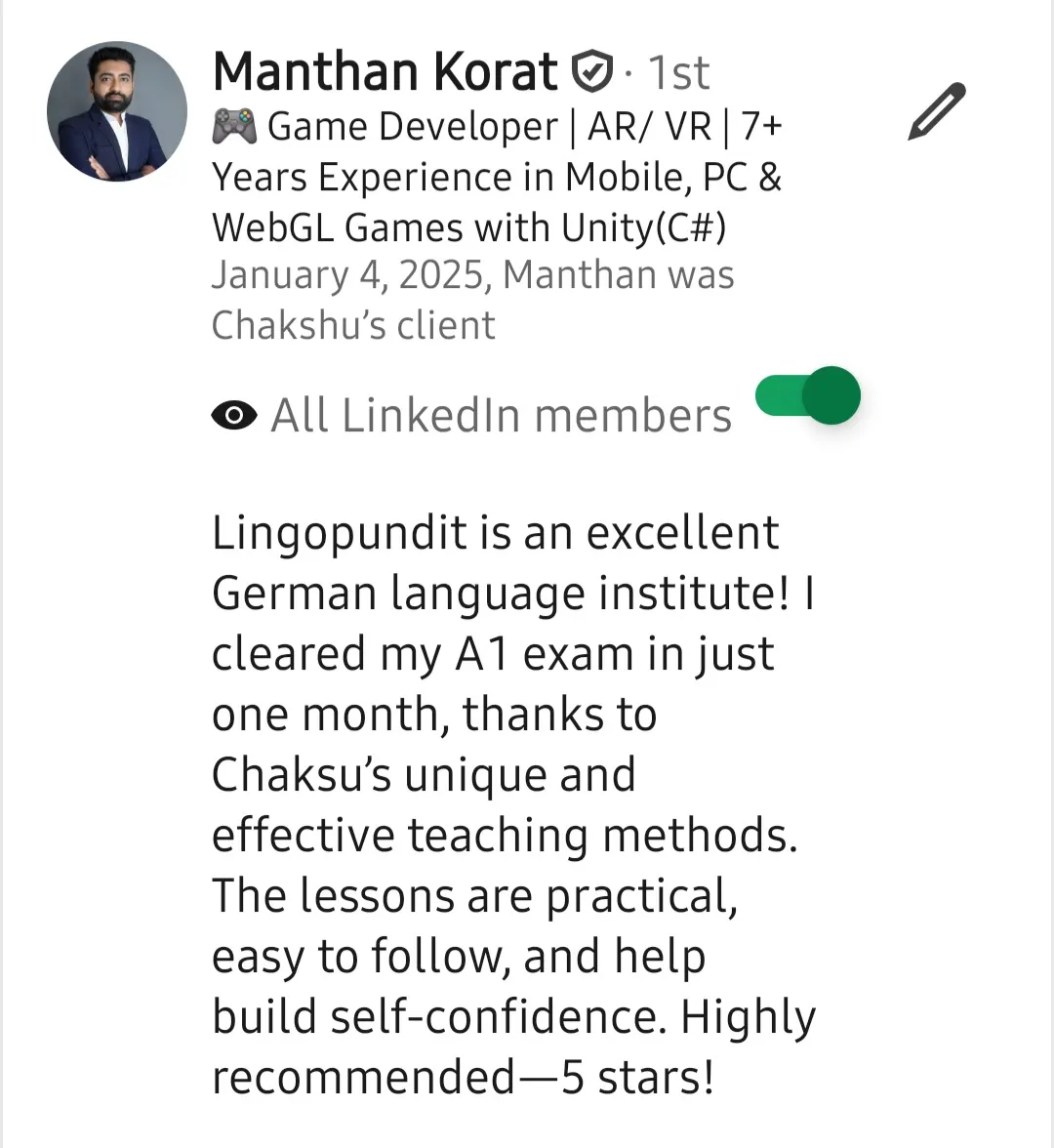Screenshot of a LinkedIn recommendation for Lingopundit