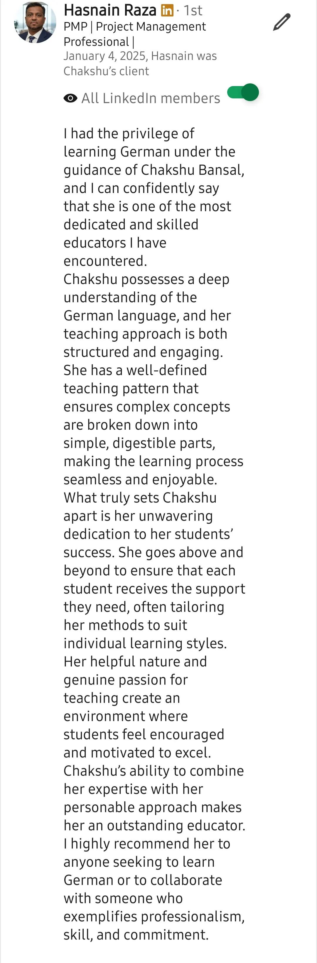 Screenshot of a LinkedIn recommendation for Lingopundit