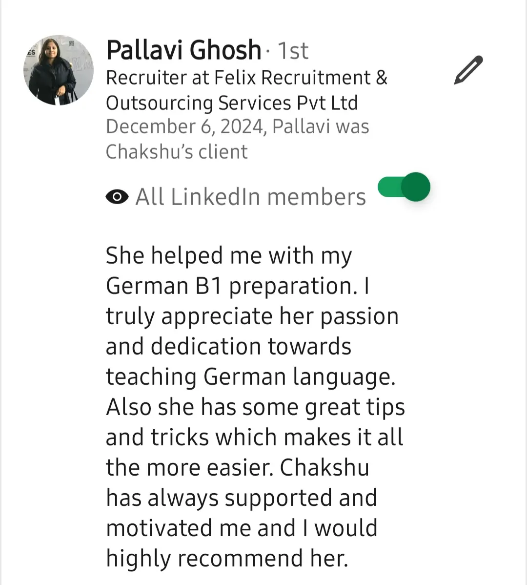 Screenshot of a LinkedIn recommendation for Lingopundit