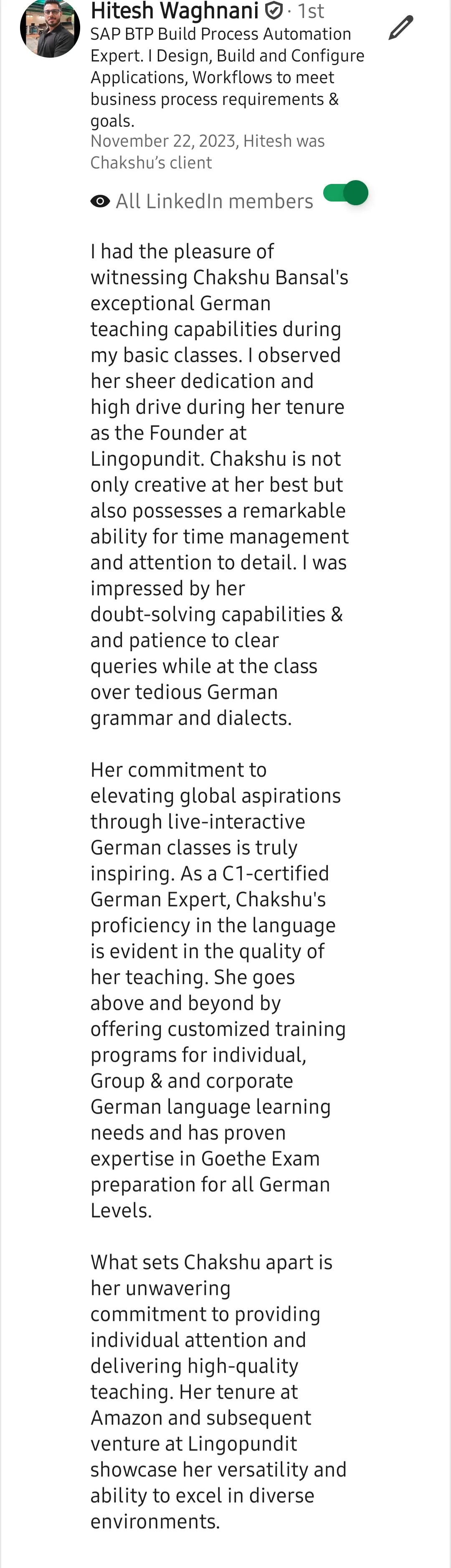Screenshot of a LinkedIn recommendation for Lingopundit