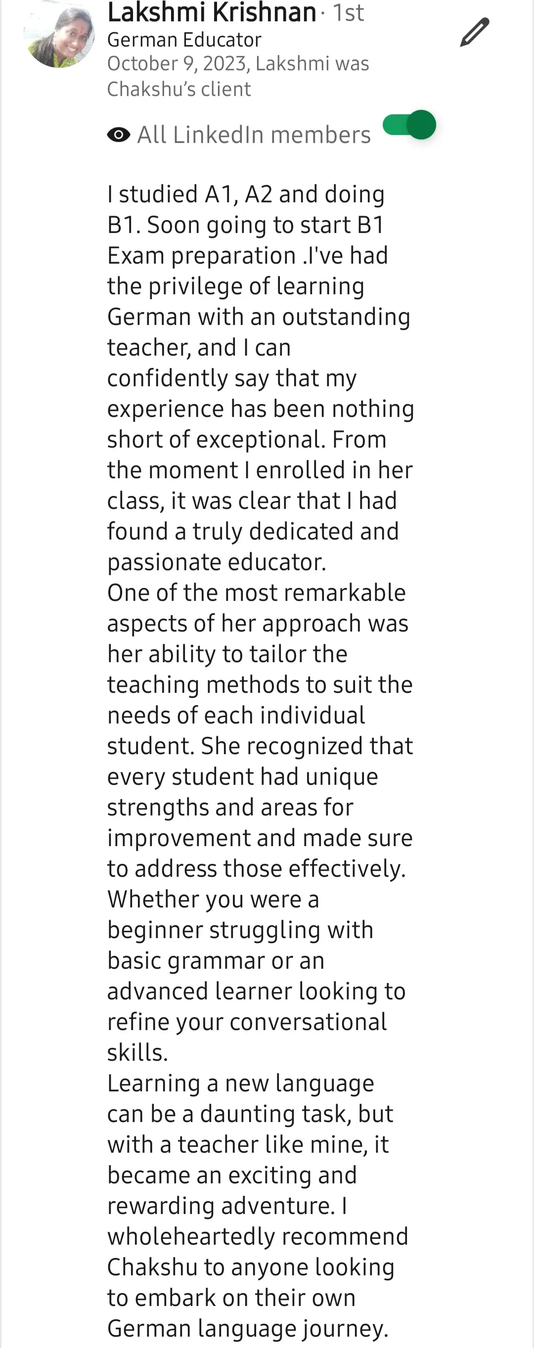 Screenshot of a LinkedIn recommendation for Lingopundit