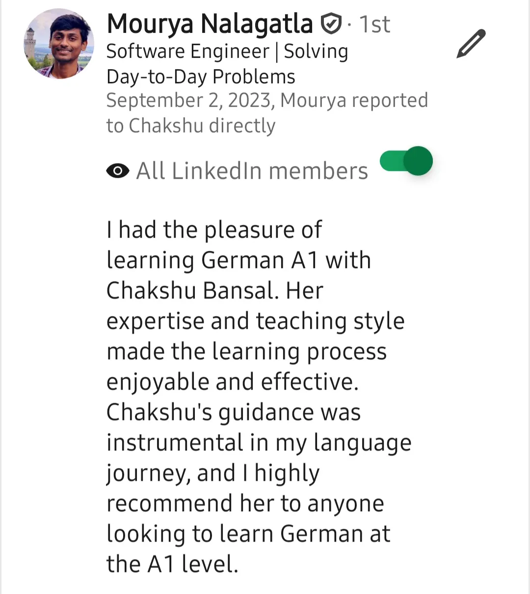 Screenshot of a LinkedIn recommendation for Lingopundit