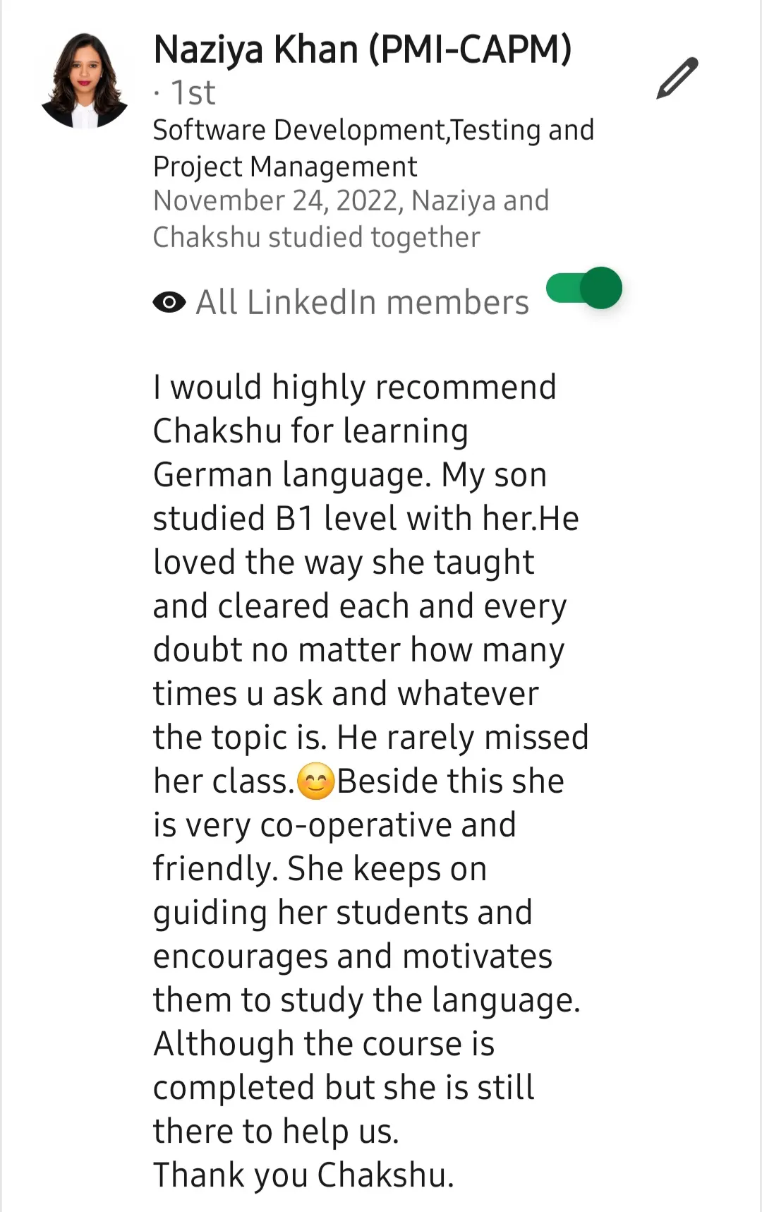 Screenshot of a LinkedIn recommendation for Lingopundit