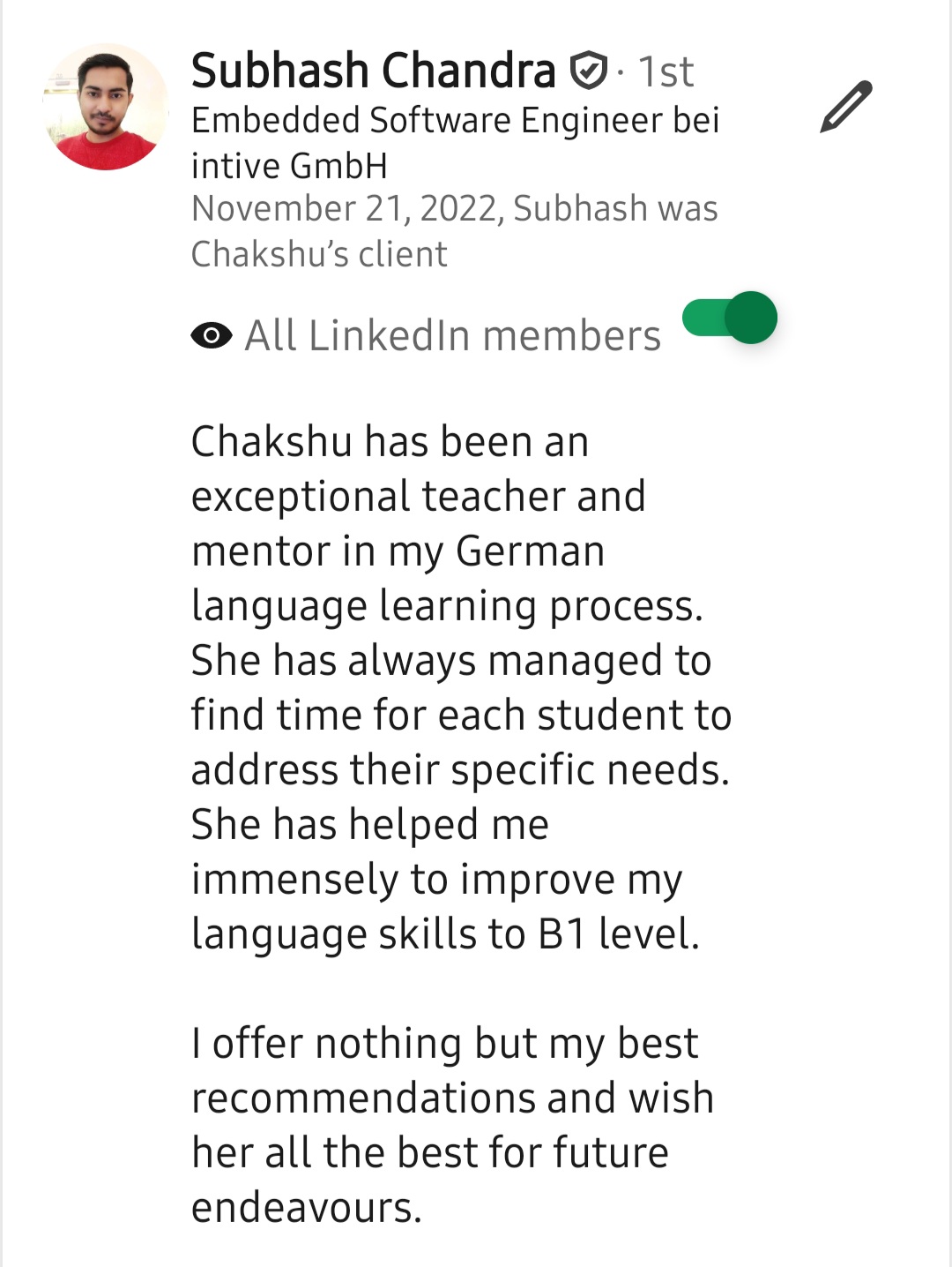 Screenshot of a LinkedIn recommendation for Lingopundit