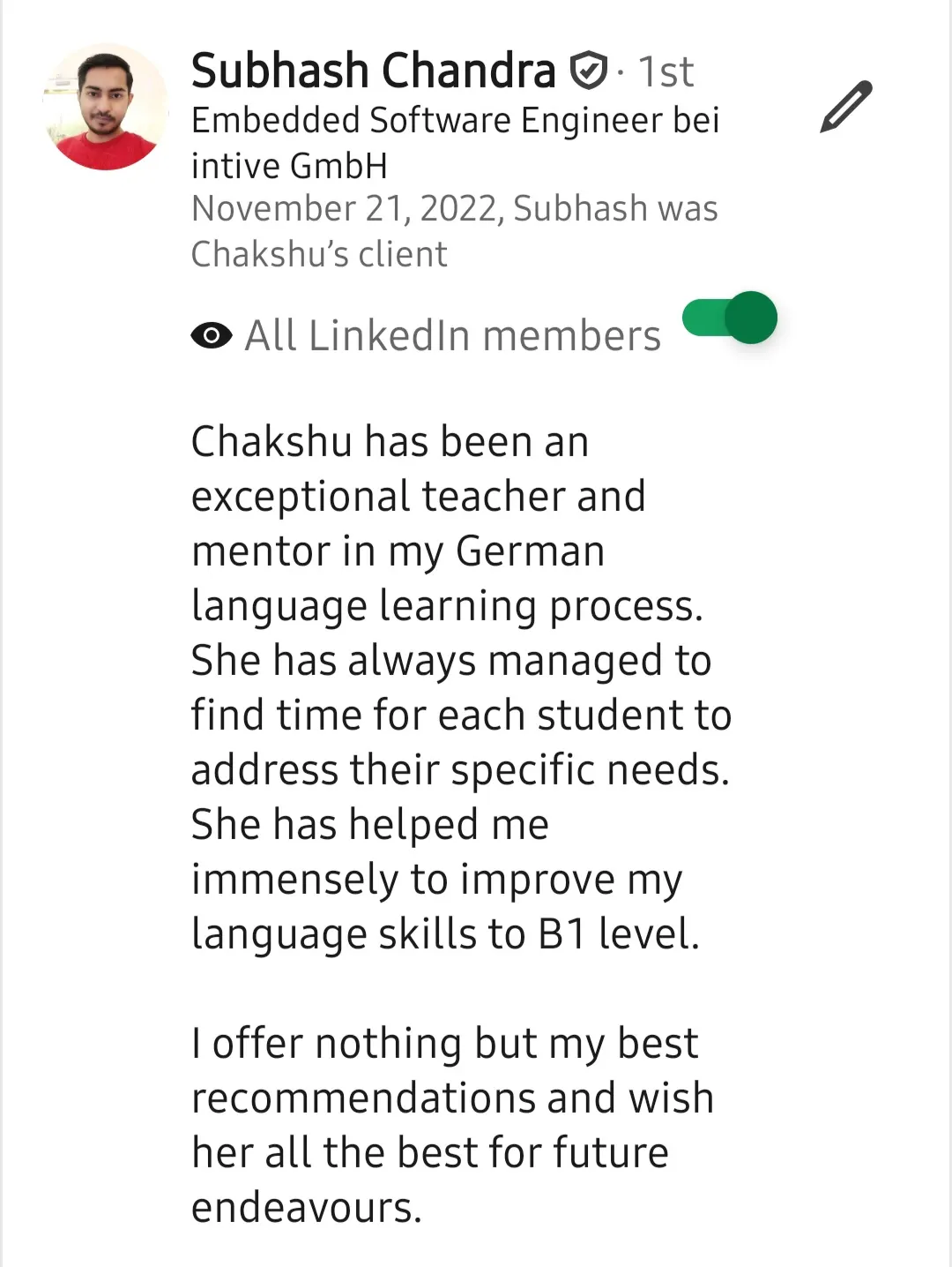 Screenshot of a LinkedIn recommendation for Lingopundit