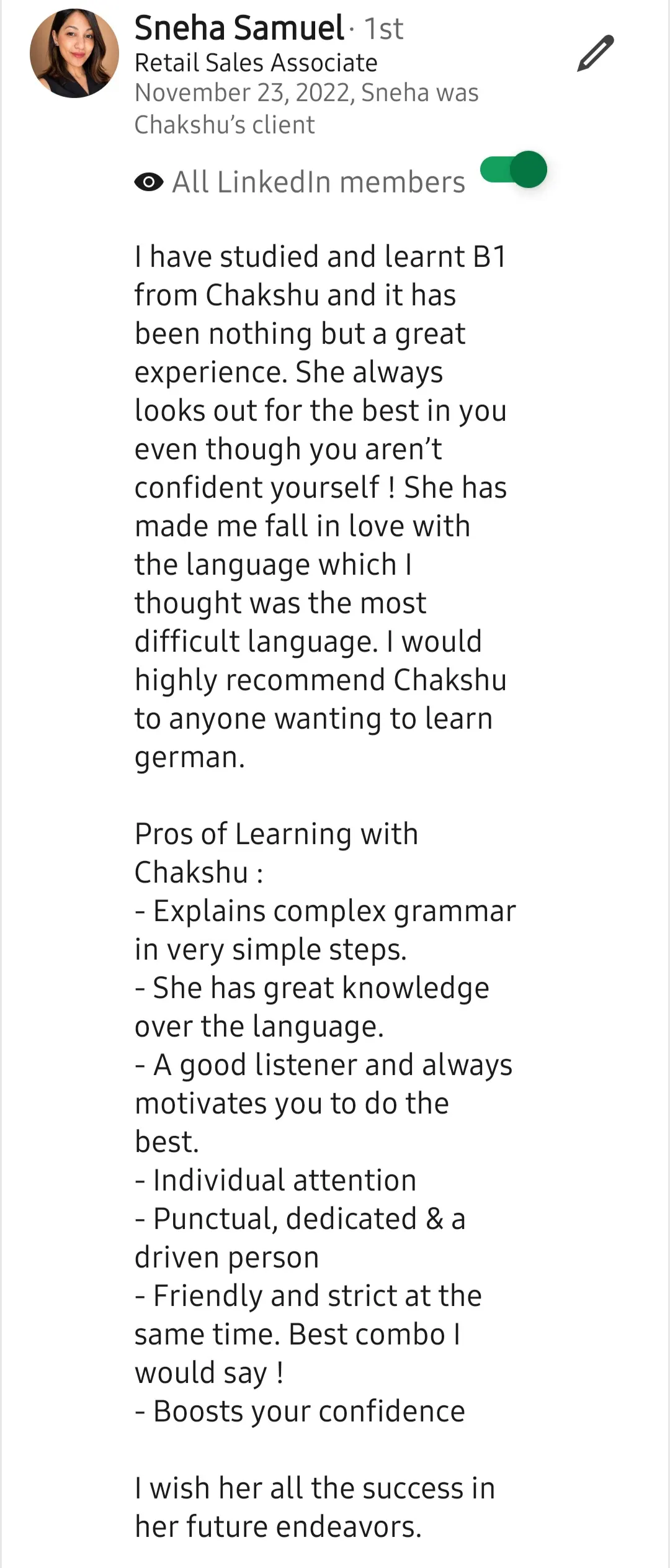 Screenshot of a LinkedIn recommendation for Lingopundit