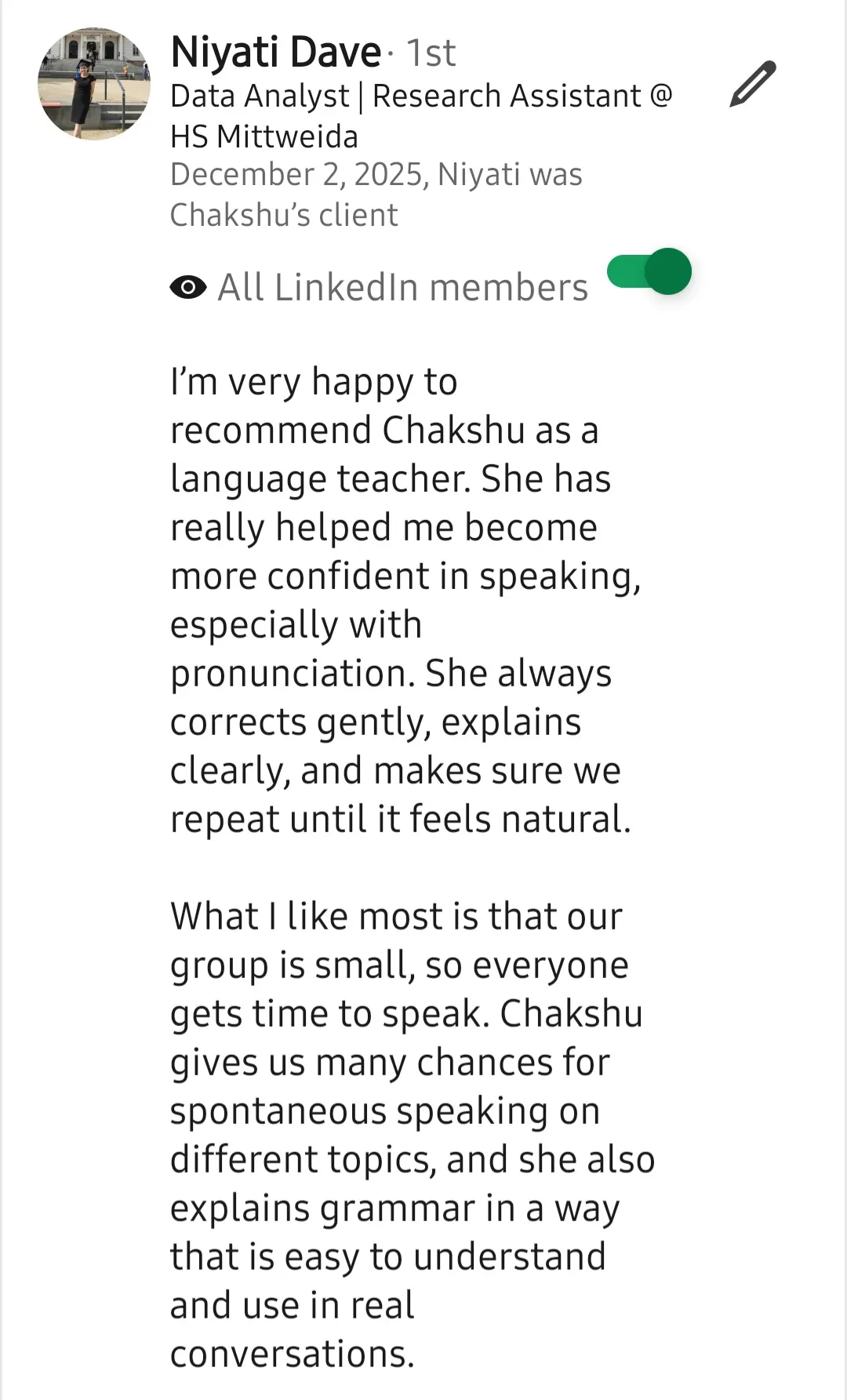 Screenshot of a LinkedIn recommendation for Lingopundit