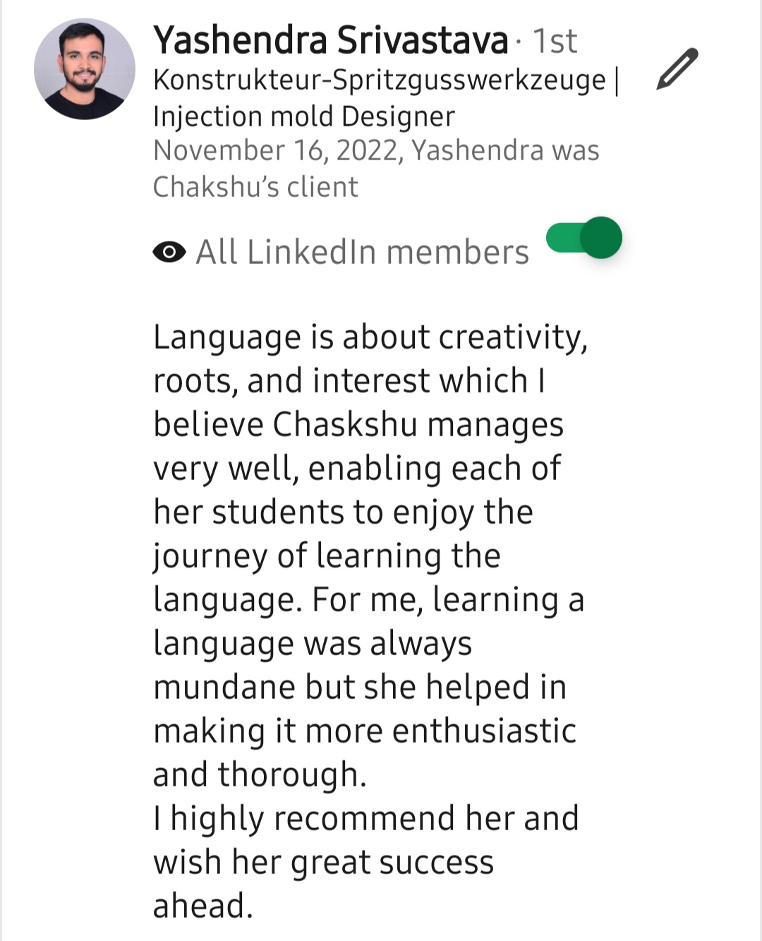 Screenshot of a LinkedIn recommendation for Lingopundit