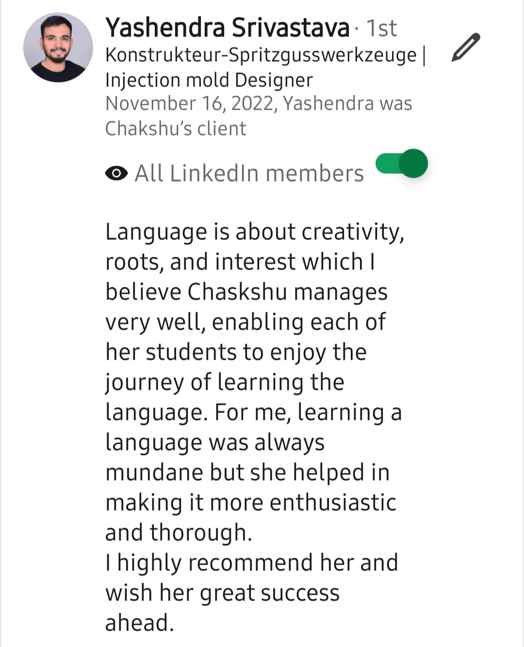 Screenshot of a LinkedIn recommendation for Lingopundit