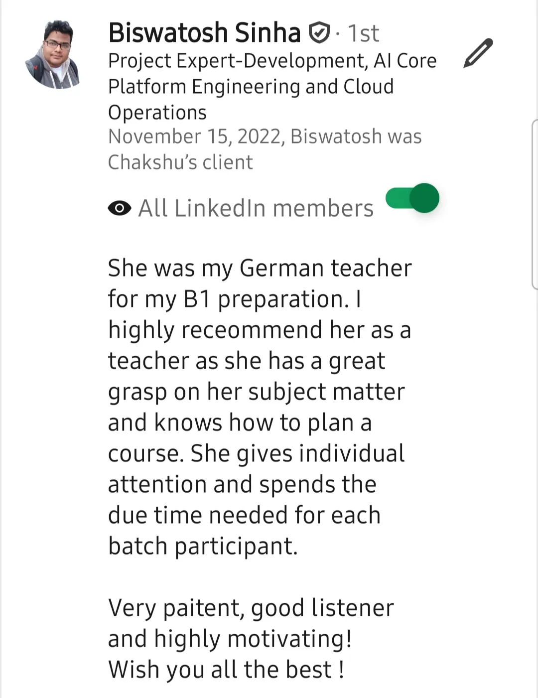 Screenshot of a LinkedIn recommendation for Lingopundit