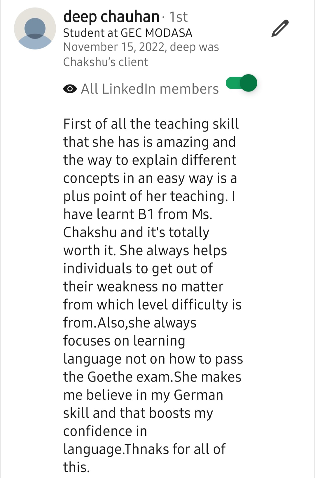 Screenshot of a LinkedIn recommendation for Lingopundit