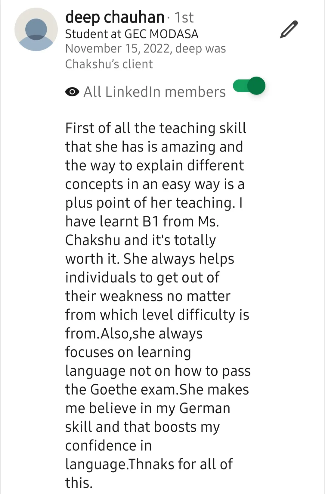 Screenshot of a LinkedIn recommendation for Lingopundit