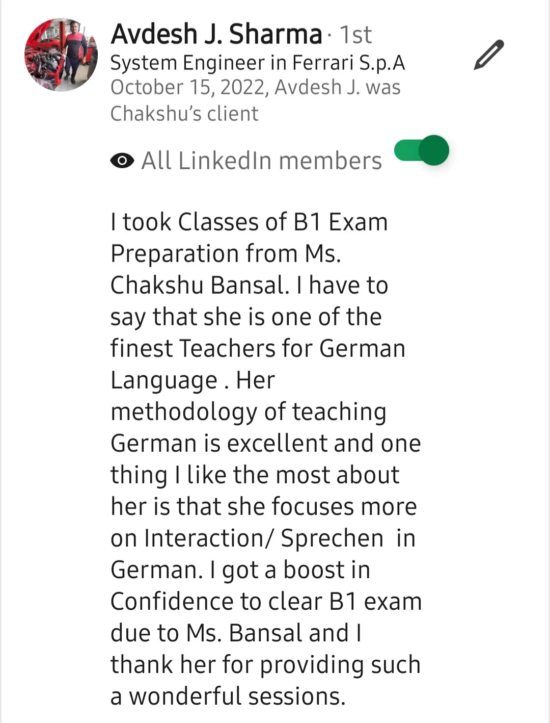 Screenshot of a LinkedIn recommendation for Lingopundit