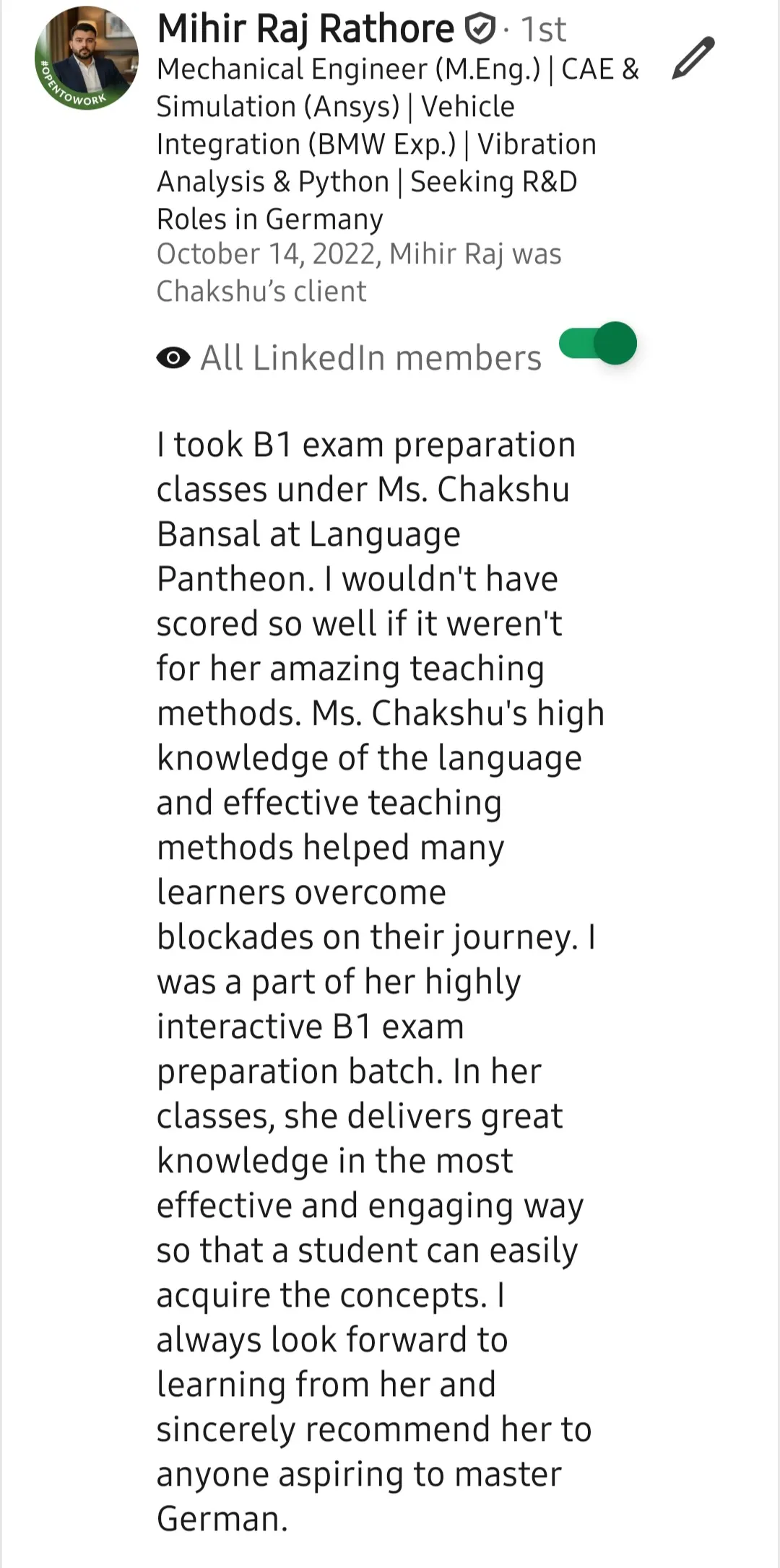 Screenshot of a LinkedIn recommendation for Lingopundit