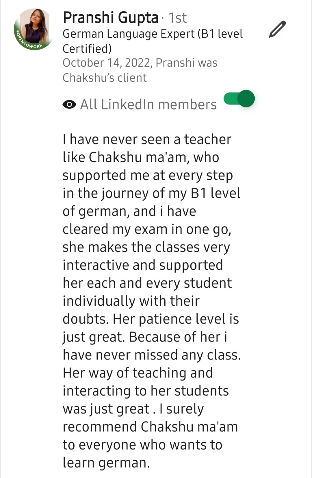 Screenshot of a LinkedIn recommendation for Lingopundit