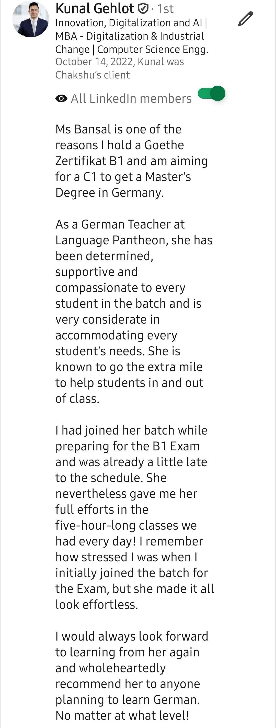 Screenshot of a LinkedIn recommendation for Lingopundit