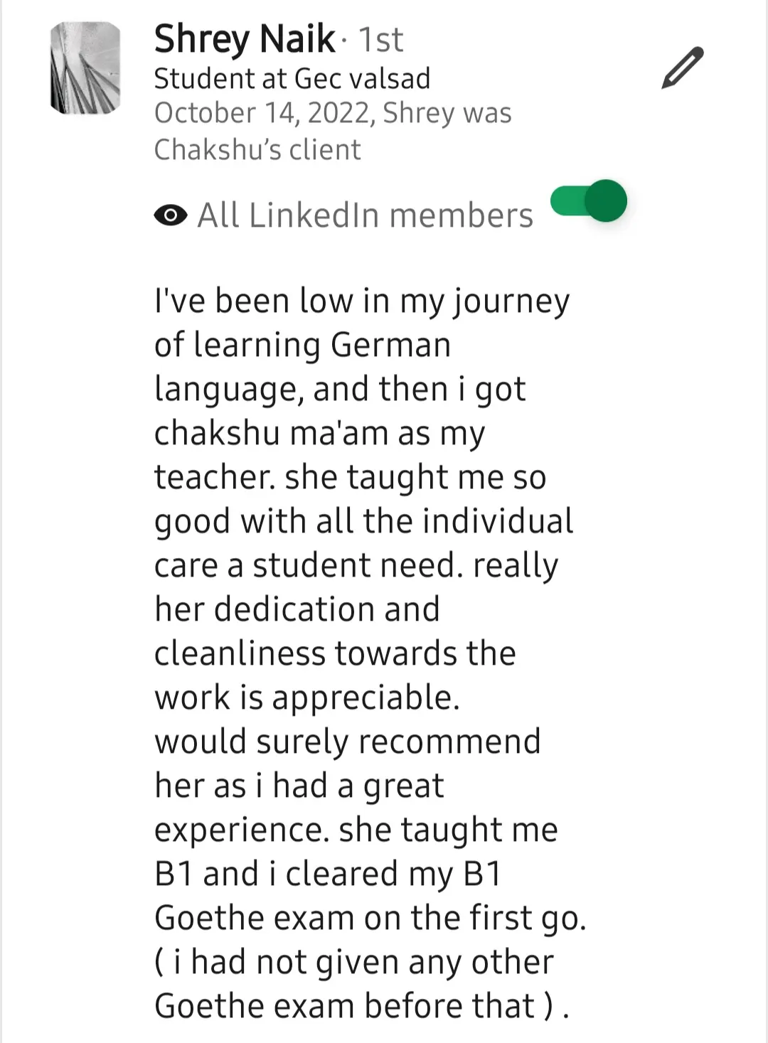 Screenshot of a LinkedIn recommendation for Lingopundit