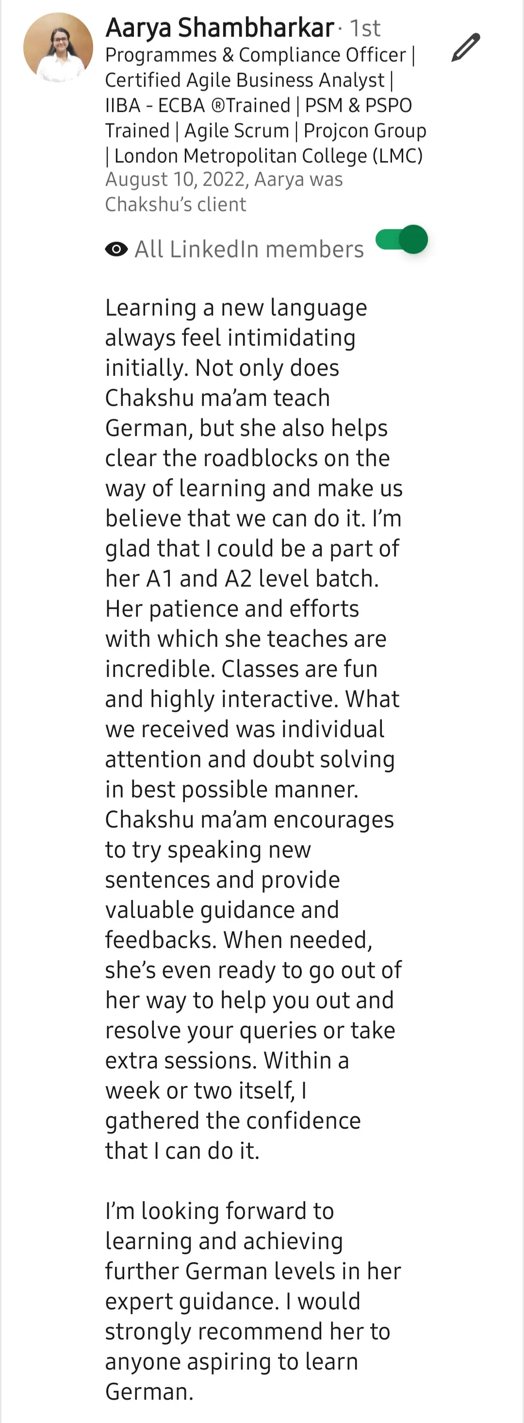 Screenshot of a LinkedIn recommendation for Lingopundit