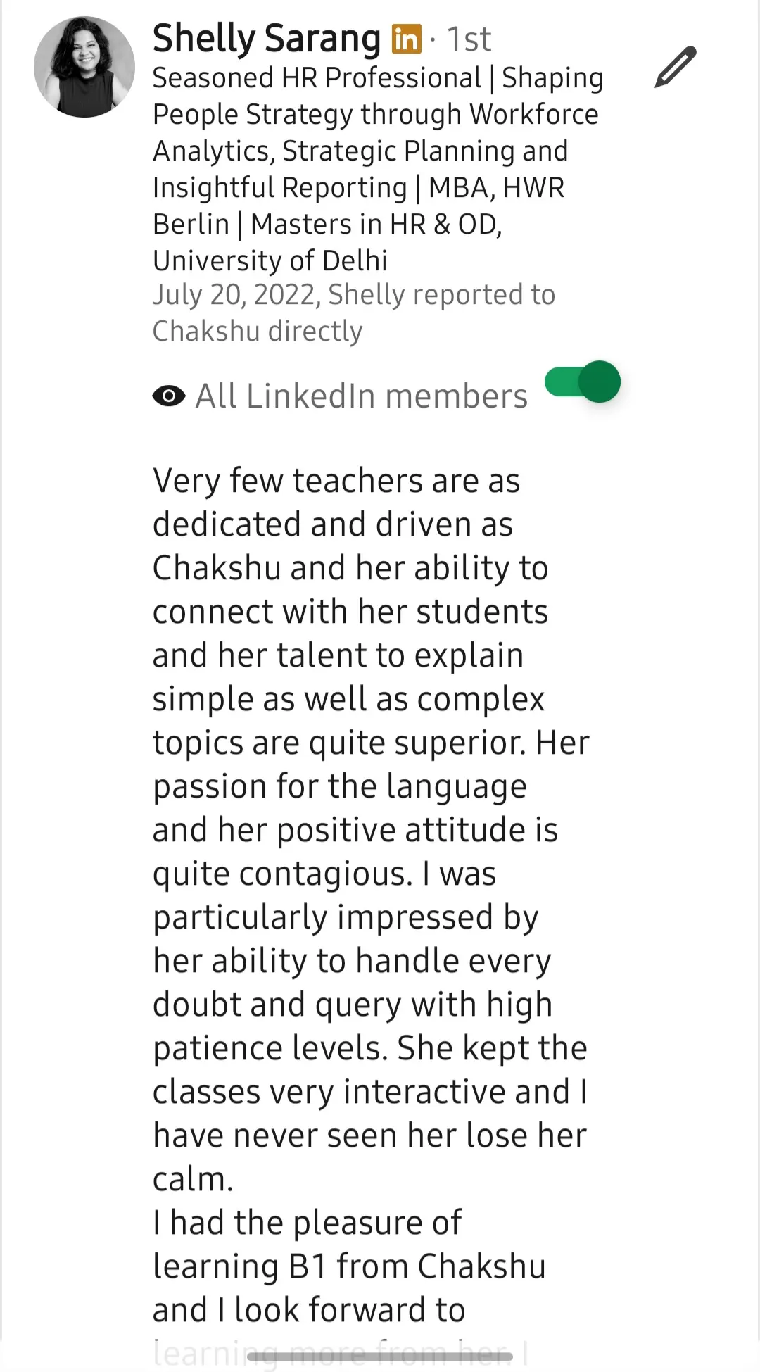 Screenshot of a LinkedIn recommendation for Lingopundit