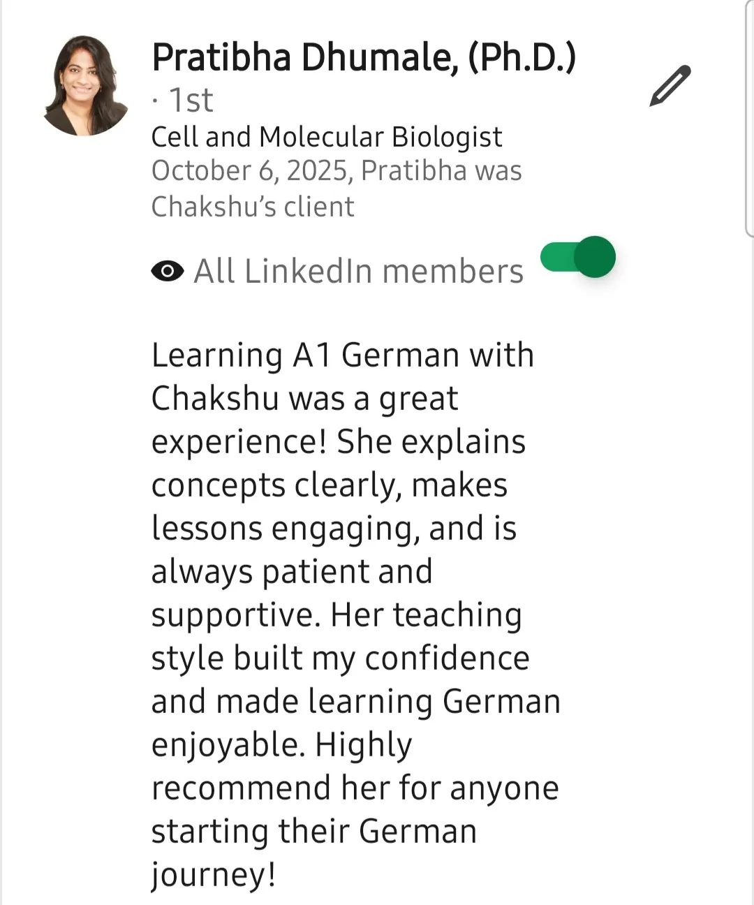 Screenshot of a LinkedIn recommendation for Lingopundit