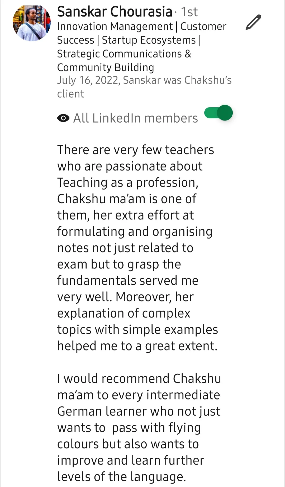 Screenshot of a LinkedIn recommendation for Lingopundit