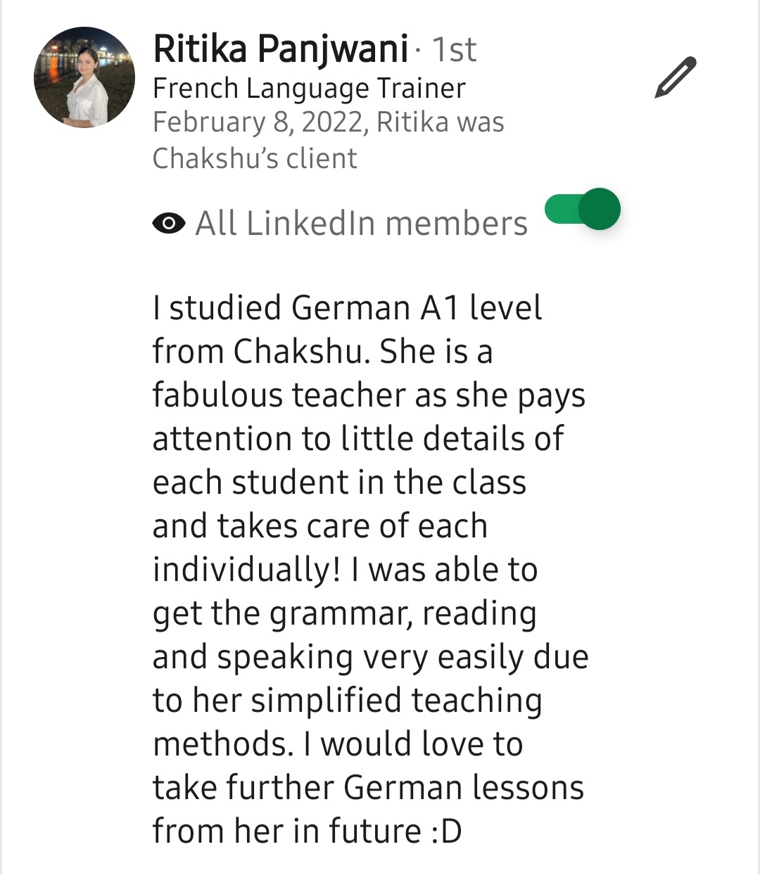 Screenshot of a LinkedIn recommendation for Lingopundit