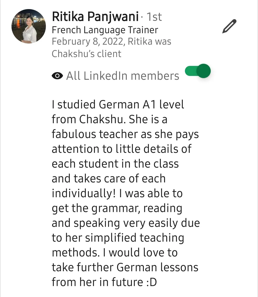 Screenshot of a LinkedIn recommendation for Lingopundit