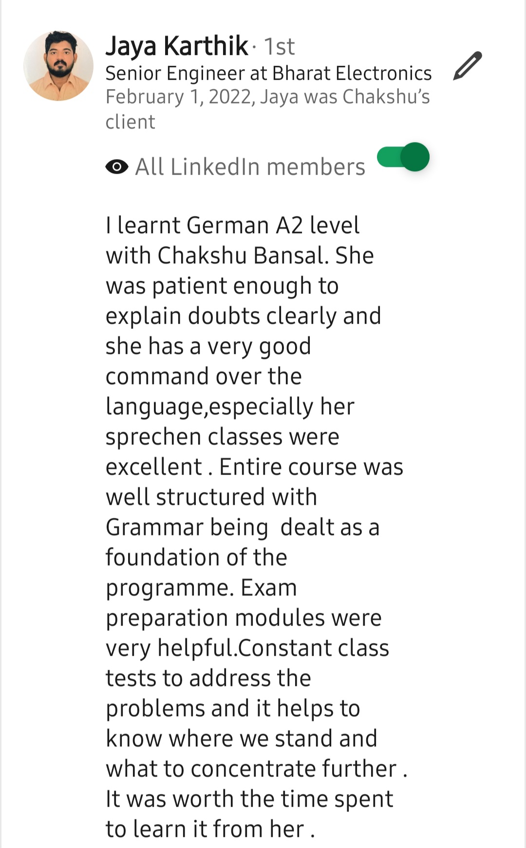 Screenshot of a LinkedIn recommendation for Lingopundit