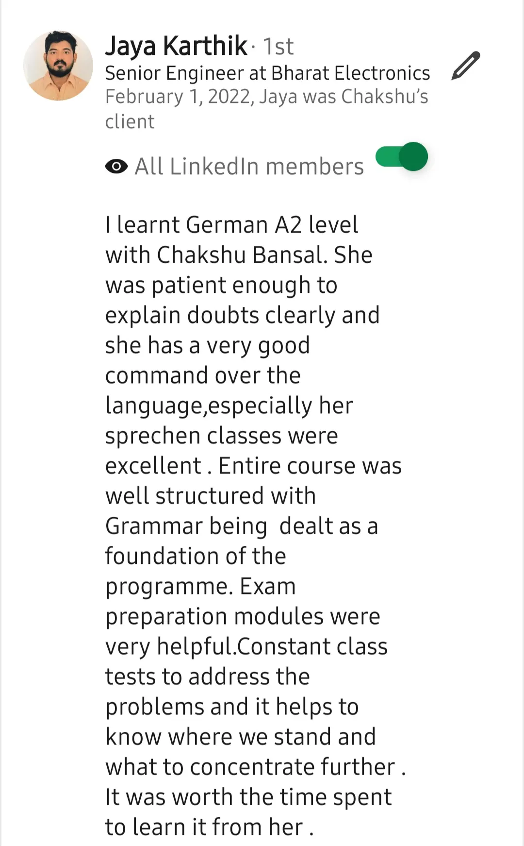 Screenshot of a LinkedIn recommendation for Lingopundit