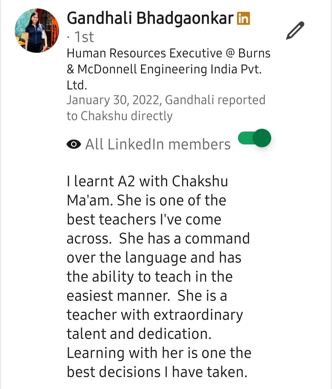 Screenshot of a LinkedIn recommendation for Lingopundit