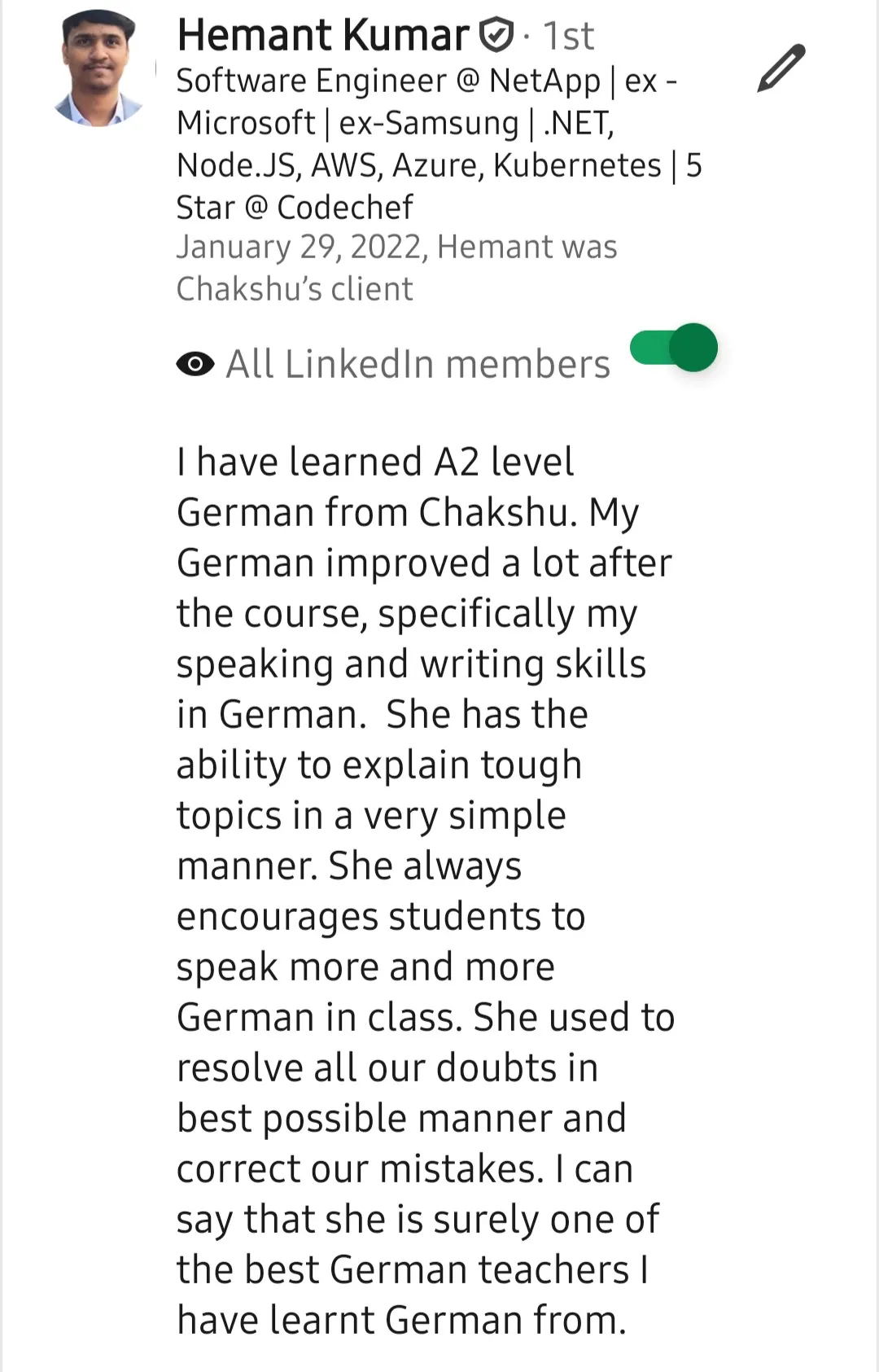 Screenshot of a LinkedIn recommendation for Lingopundit