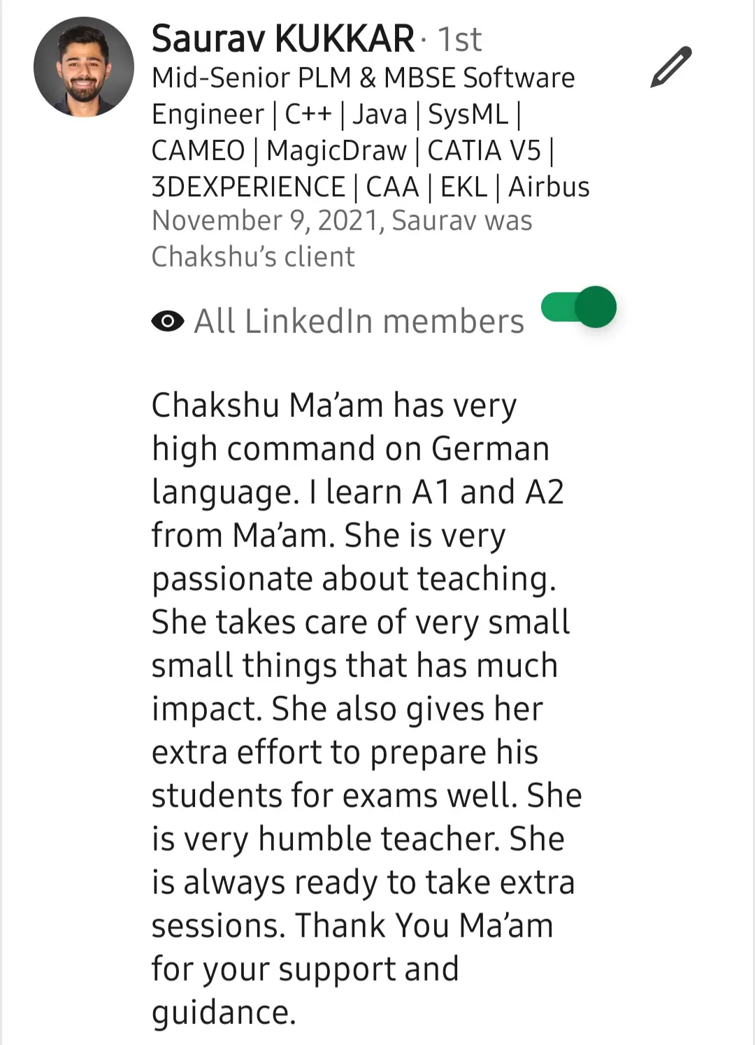 Screenshot of a LinkedIn recommendation for Lingopundit