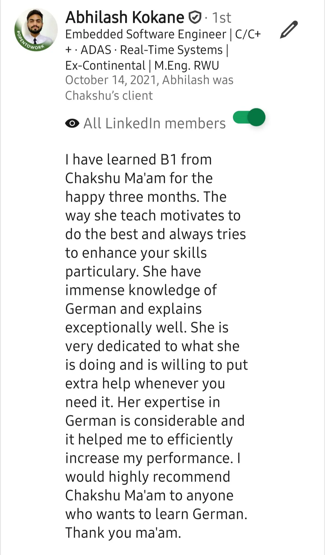 Screenshot of a LinkedIn recommendation for Lingopundit