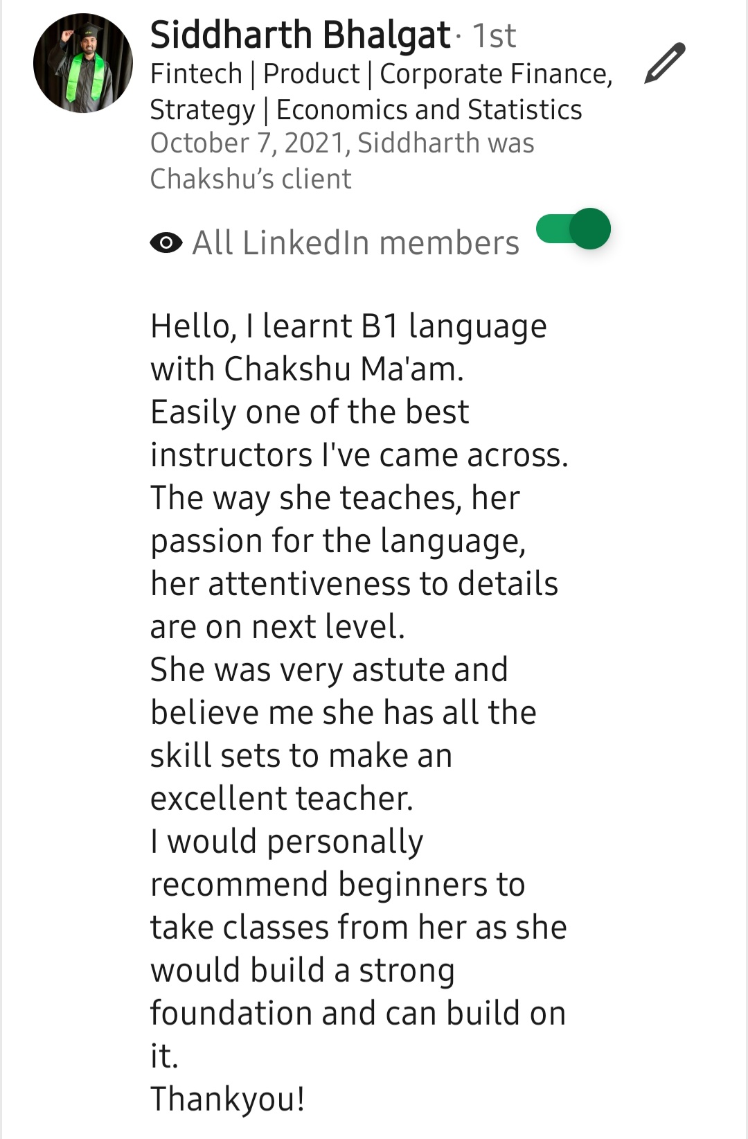 Screenshot of a LinkedIn recommendation for Lingopundit