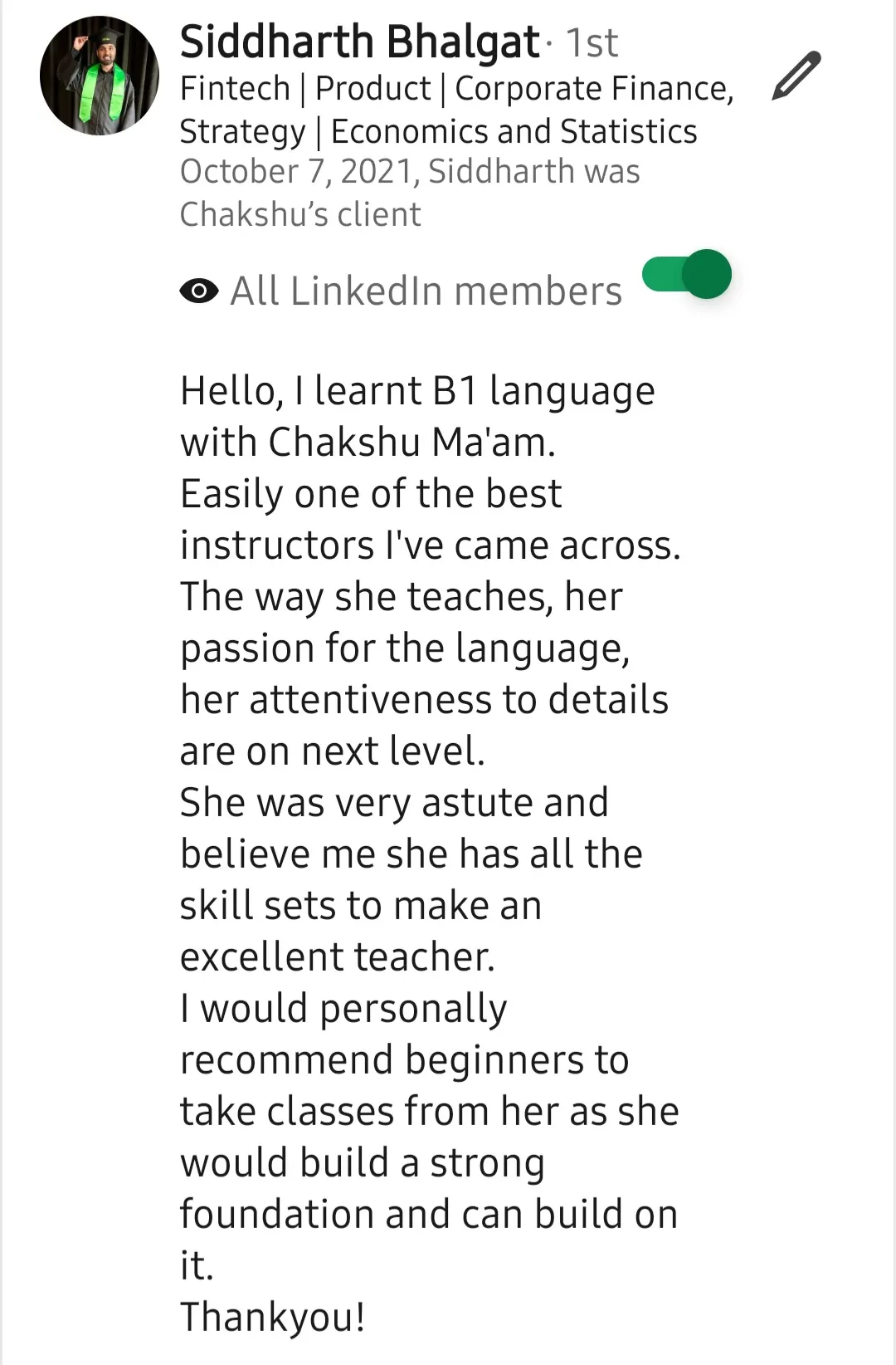 Screenshot of a LinkedIn recommendation for Lingopundit