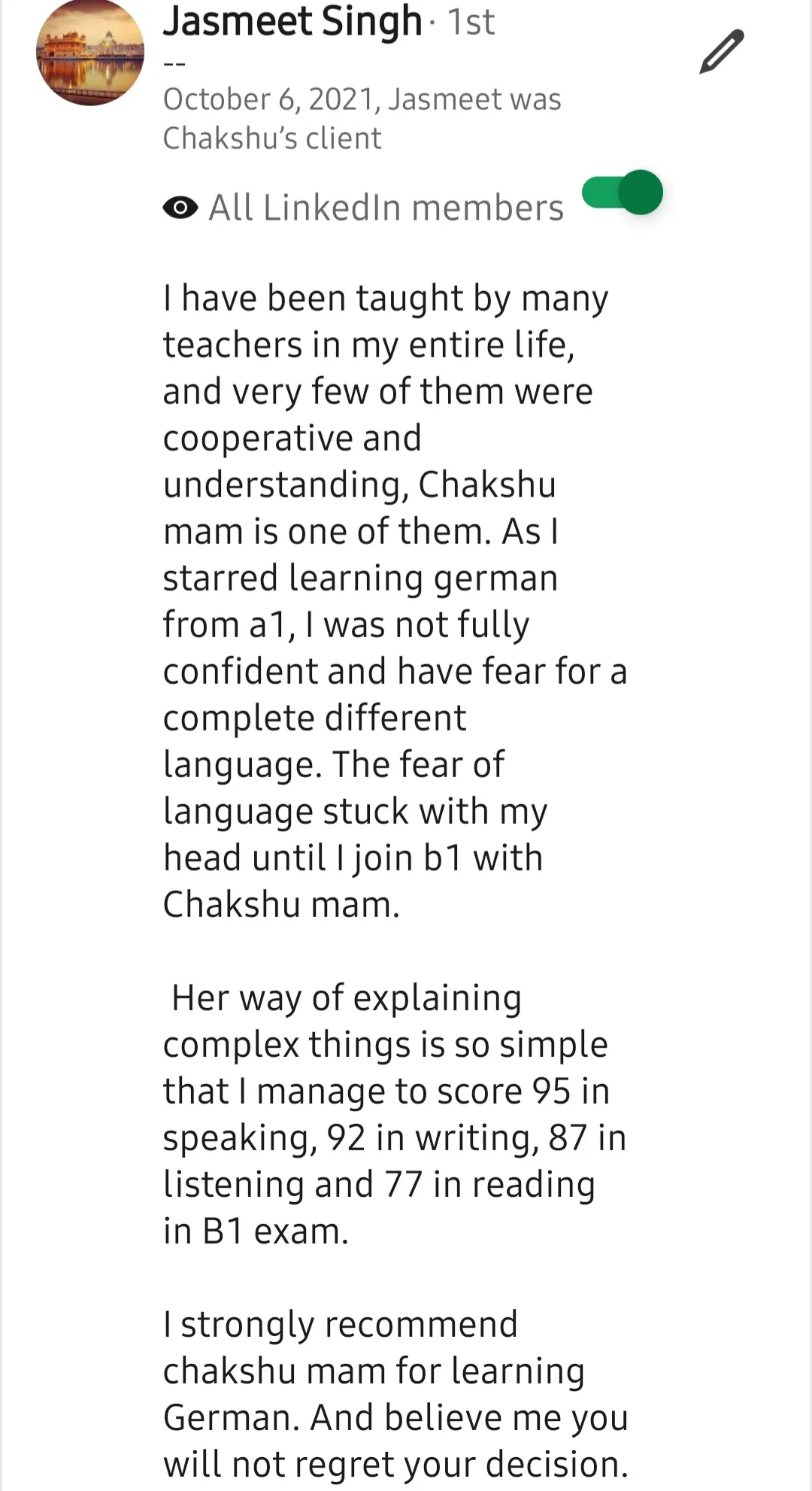 Screenshot of a LinkedIn recommendation for Lingopundit