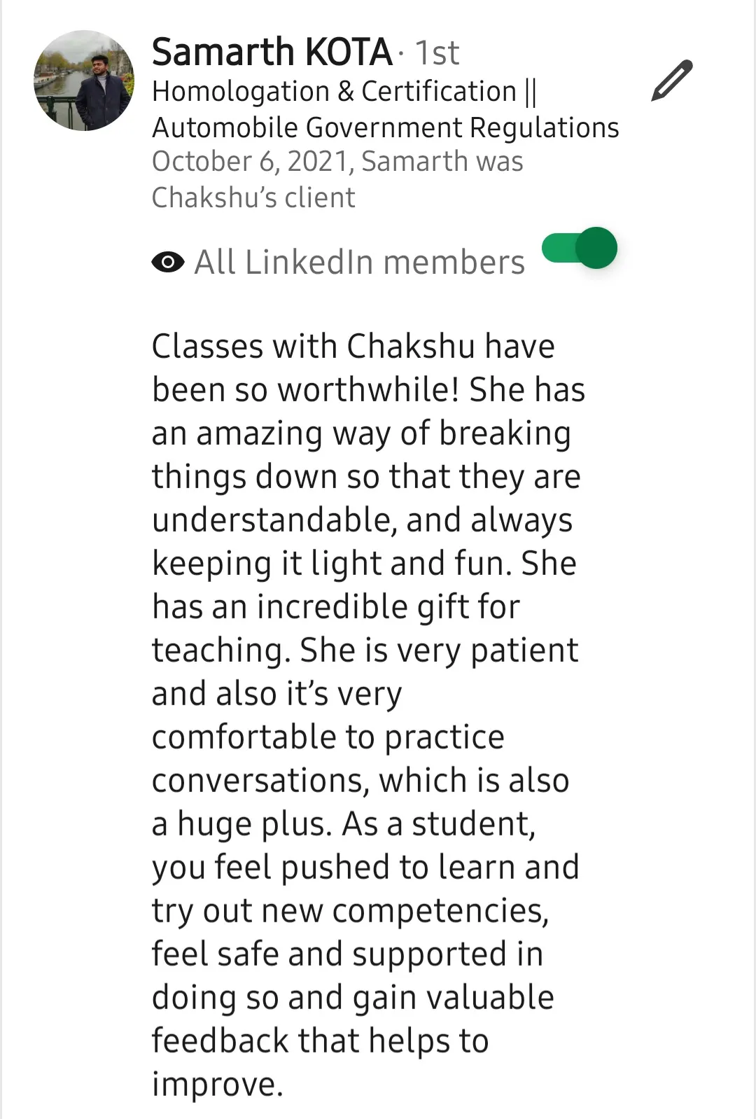 Screenshot of a LinkedIn recommendation for Lingopundit