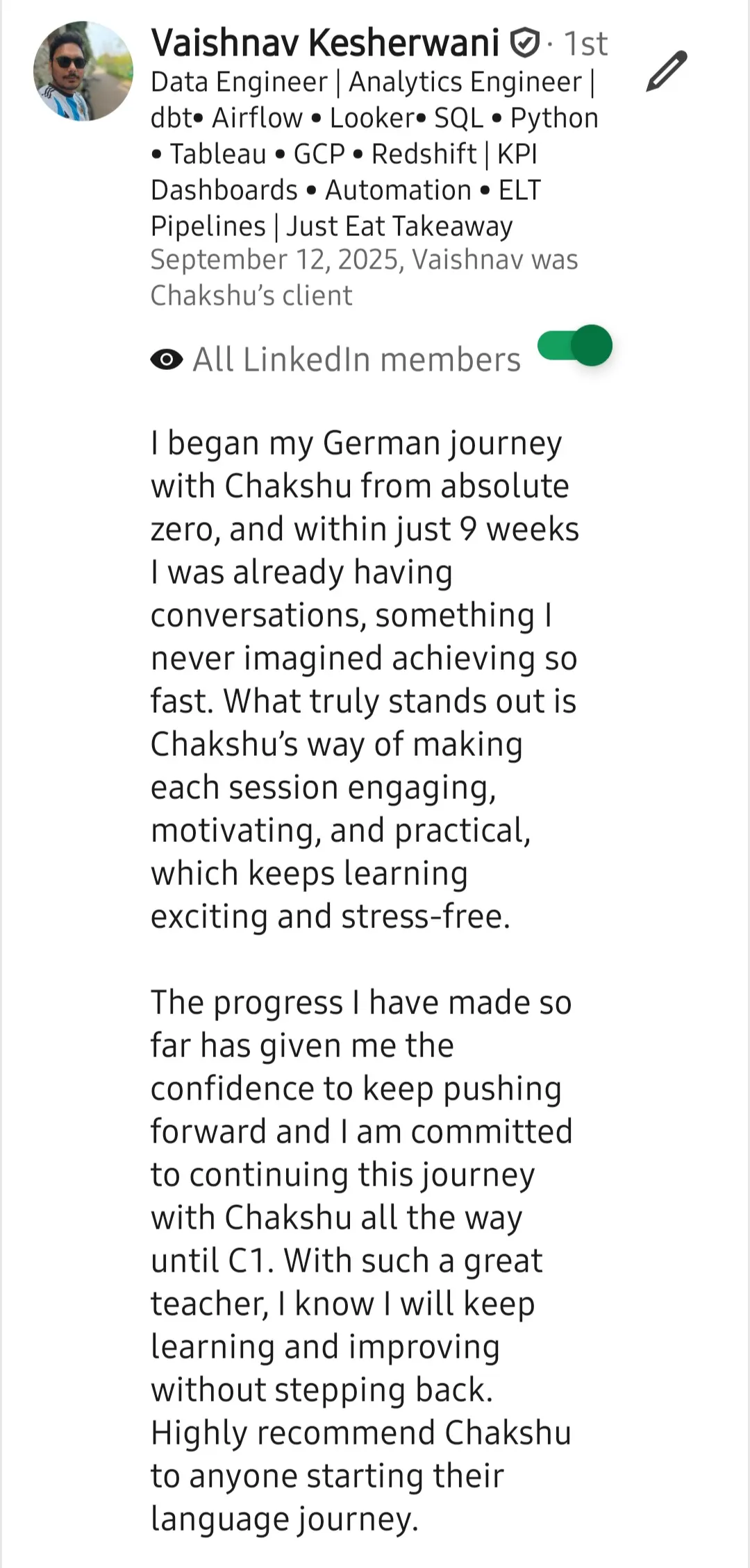 Screenshot of a LinkedIn recommendation for Lingopundit