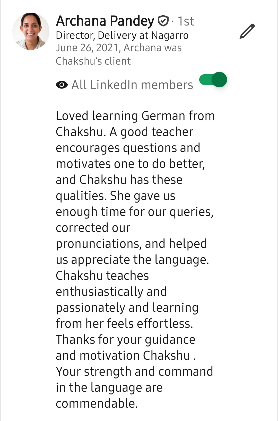 Screenshot of a LinkedIn recommendation for Lingopundit