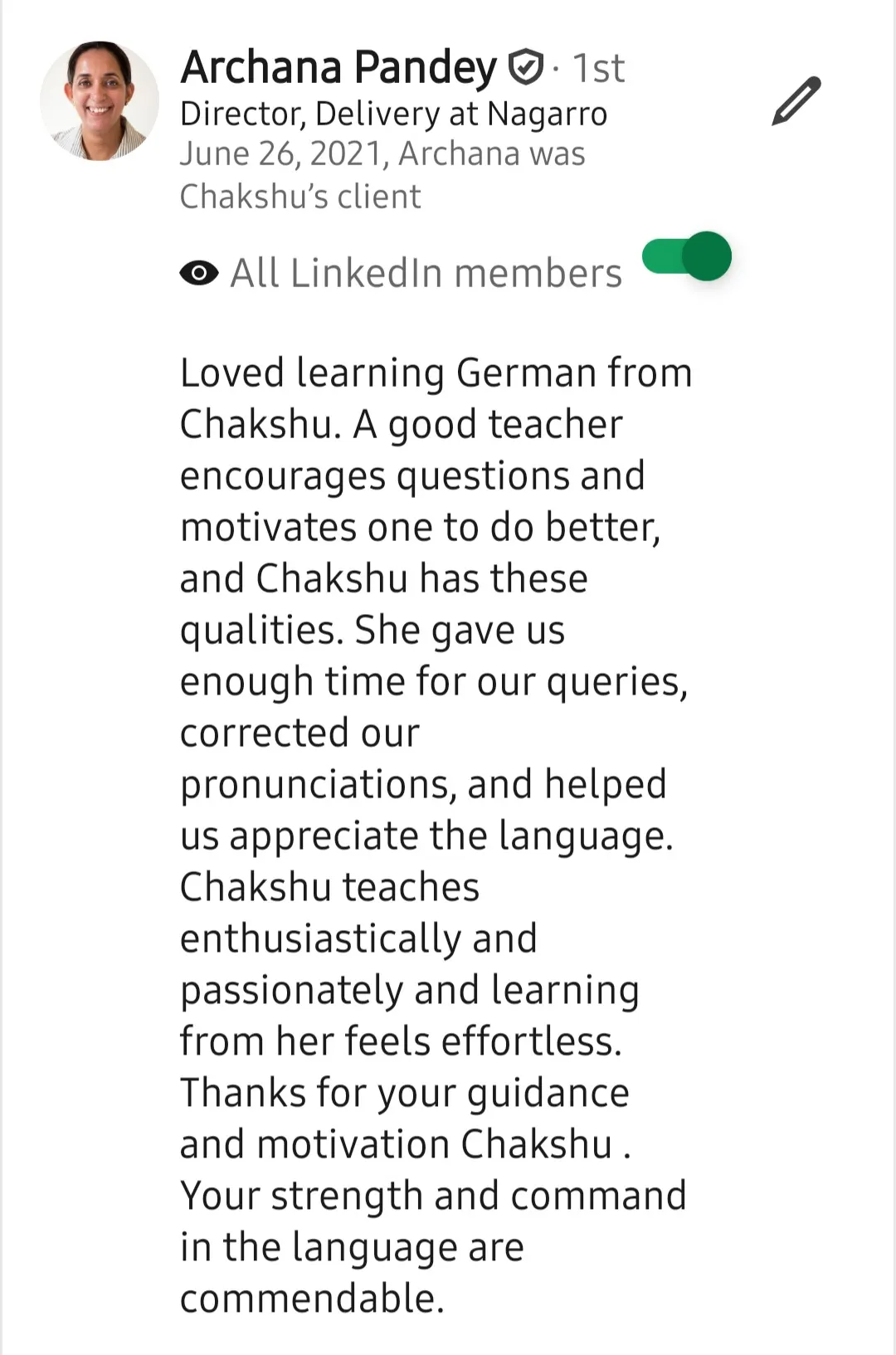 Screenshot of a LinkedIn recommendation for Lingopundit