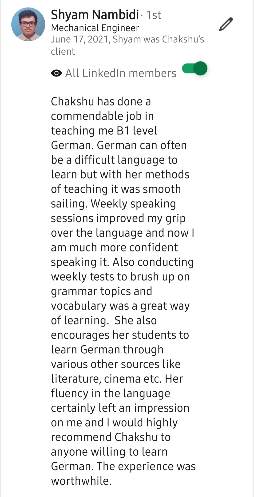 Screenshot of a LinkedIn recommendation for Lingopundit