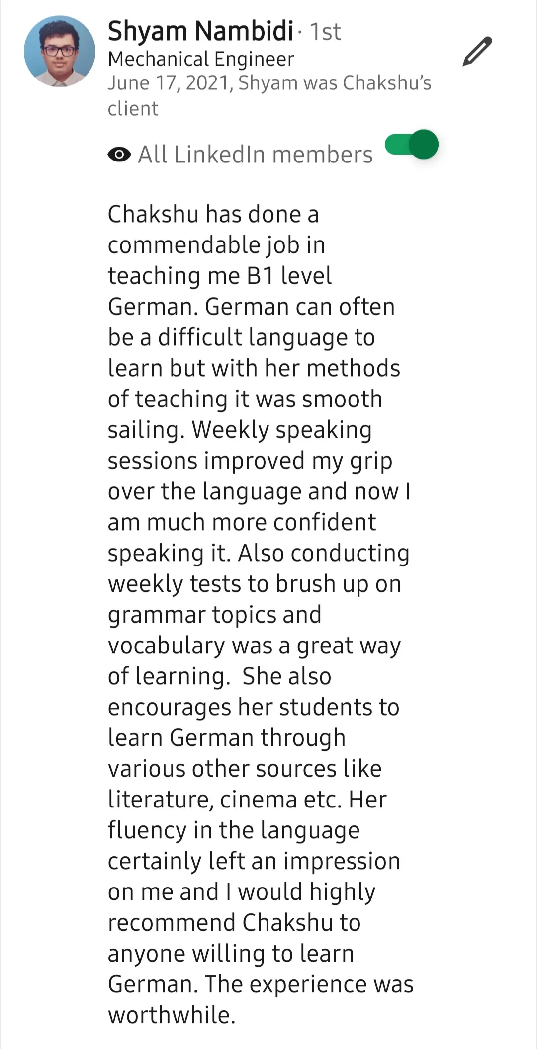 Screenshot of a LinkedIn recommendation for Lingopundit