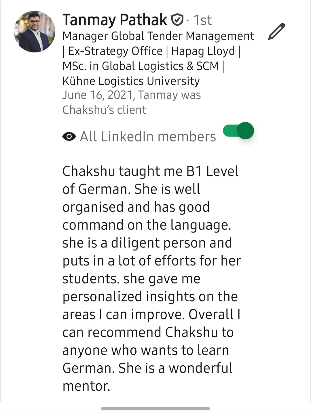 Screenshot of a LinkedIn recommendation for Lingopundit