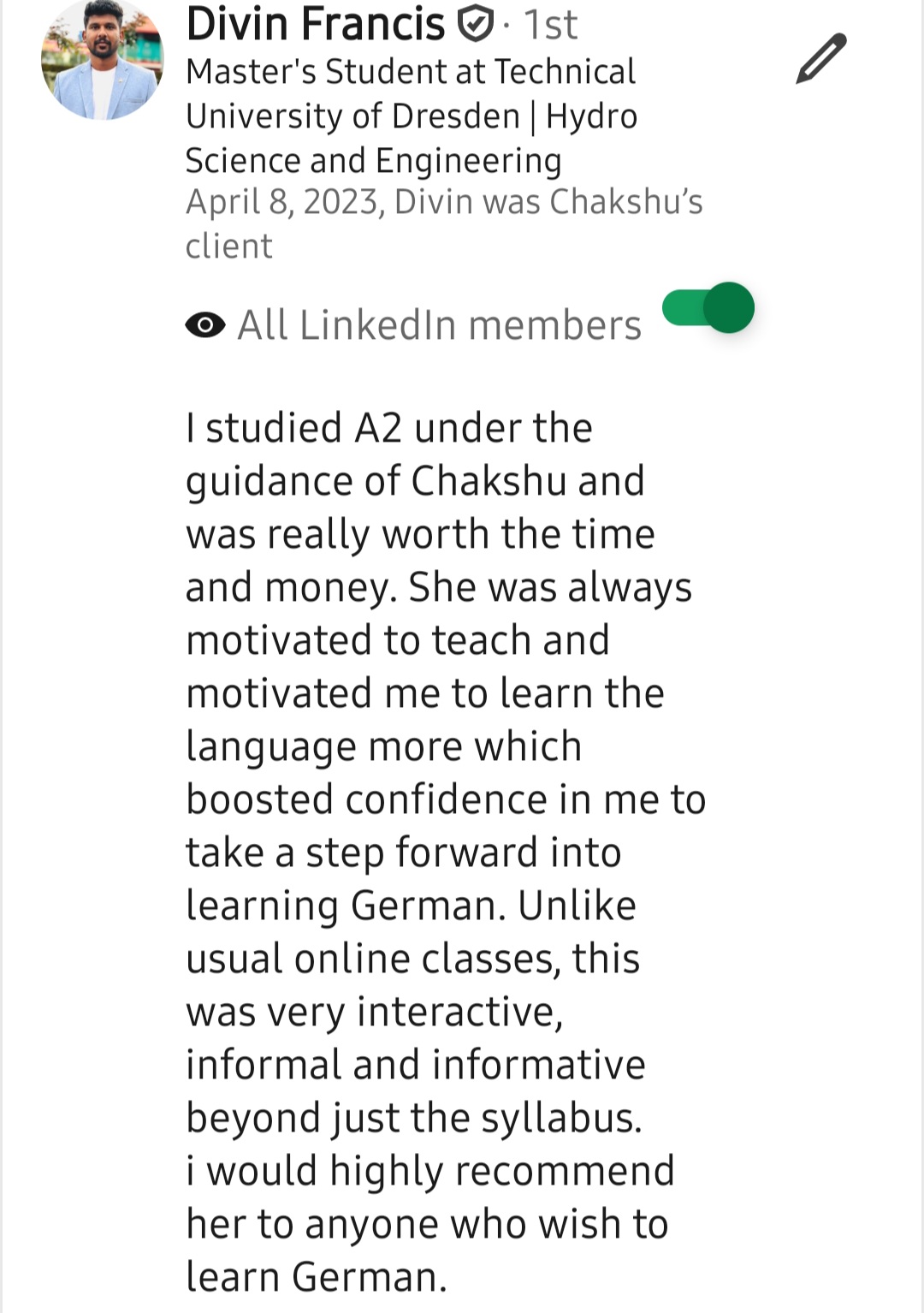 Screenshot of a LinkedIn recommendation for Lingopundit
