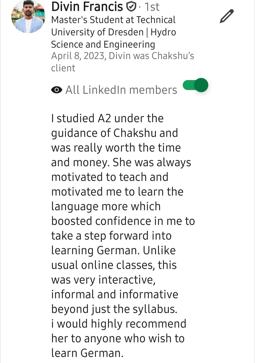 Screenshot of a LinkedIn recommendation for Lingopundit