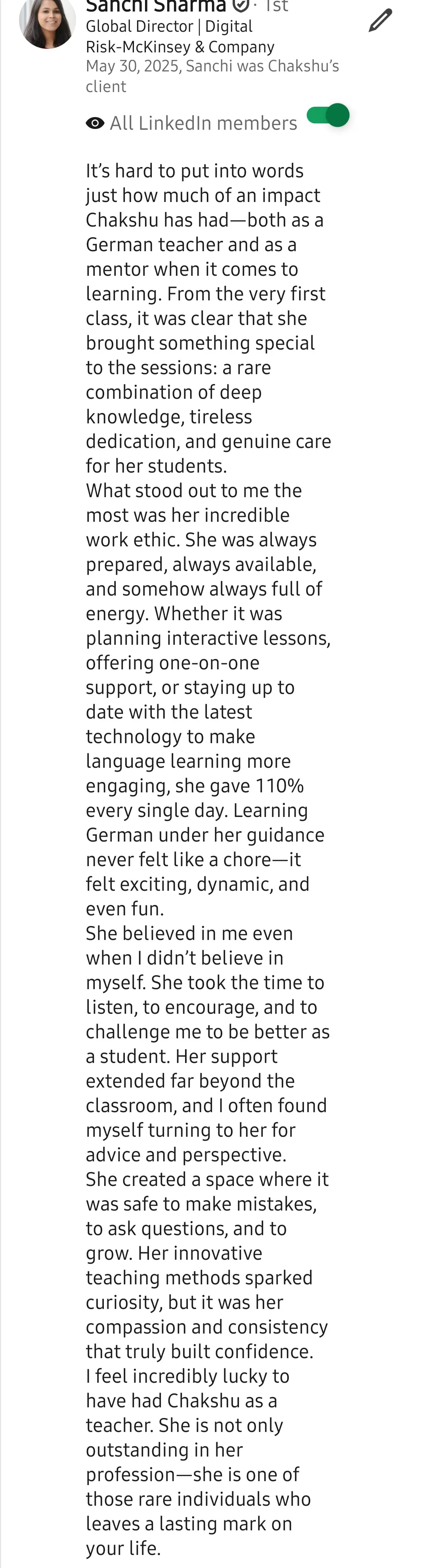 Screenshot of a LinkedIn recommendation for Lingopundit